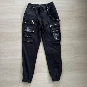 Maniere de Voir Black Cargo Pants with Detachable Marble Chain size UK 10/ US 6